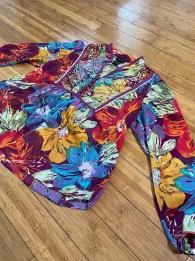 Lane Bryant Multicolor Artsy Boho Floral Sequins Chiffon Y2K V-Neck Blouse